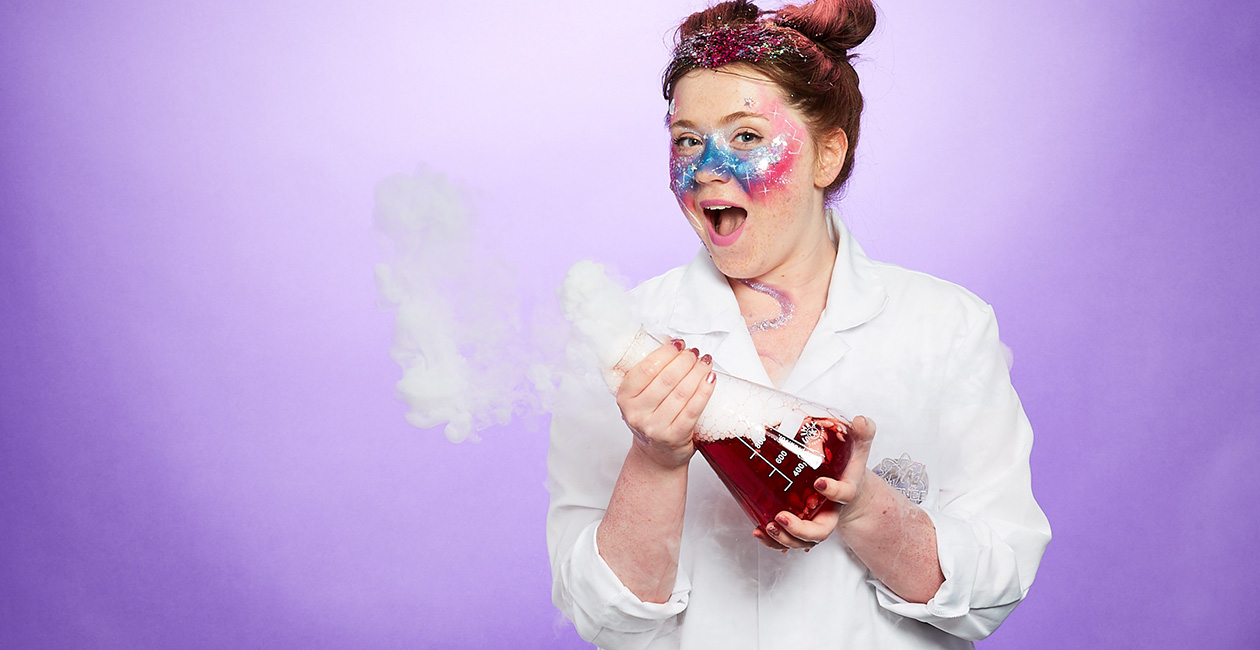 A Mad Scientist with a tilting a beaker with red liquid inside and smoke pouring out