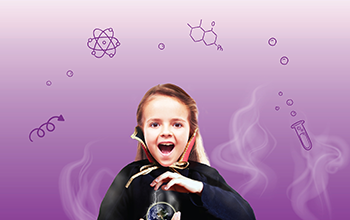 Girl wearing black cloack holding a small globe in hand with electricity coming from her fingers.  She has a big smile on her